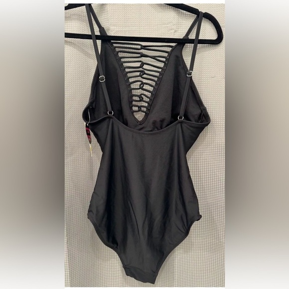 Laced Down Sides Bathing Swim Suit Corset Size Large Black Sexy Strappy Padded - Picture 4 of 7